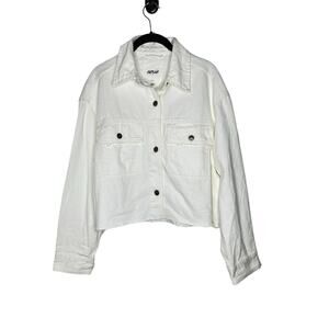 Aerie Womens‎ Denim Cropped Jacket Medium Raw Hem Distressed Button White NWT